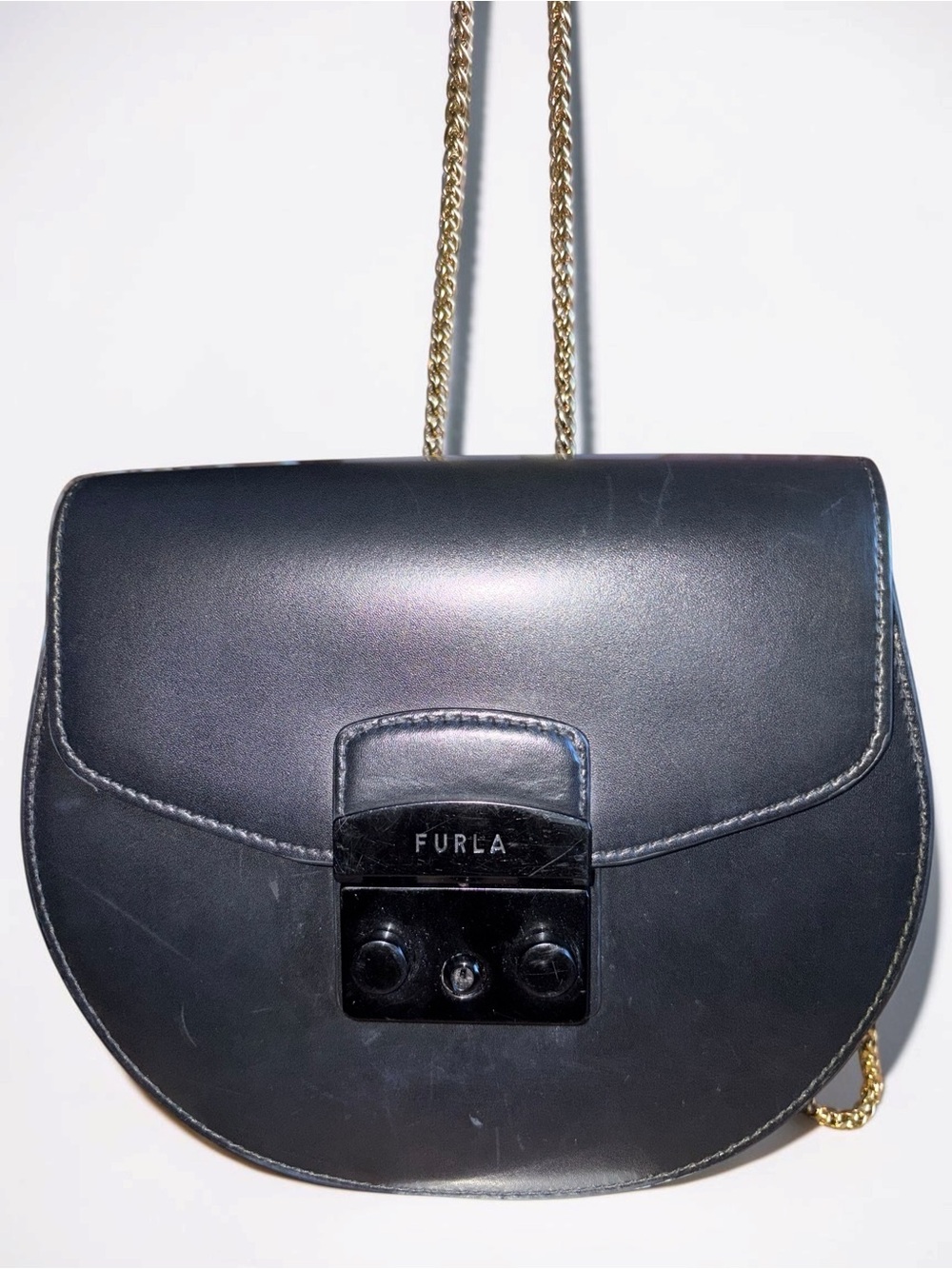 Furla Black Leather Half-Moon Crossbody with Gold Chain - Picture 2 of 10
